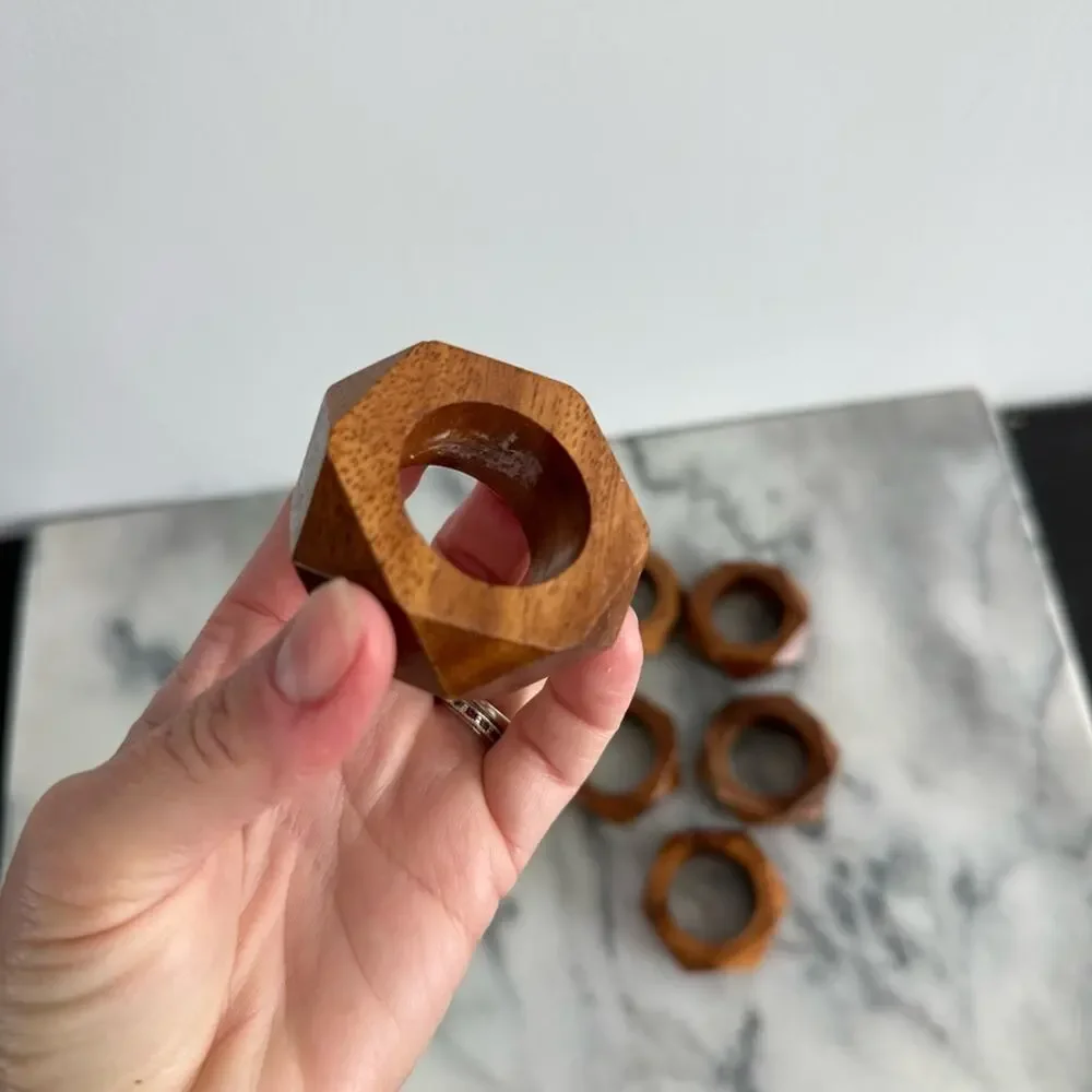 Vintage | MCM Faceted Wood Napkin Rings Set Of 8 Carved Geometric Setting Holder